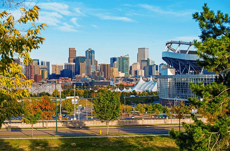 Downtown Denver seen through trees